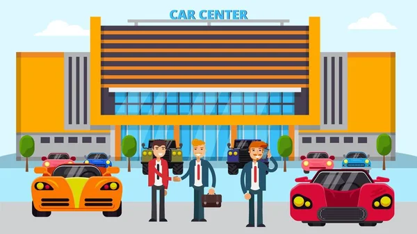 Car Center Vektor Illustration, verschiedene Autos und Menschen Manager Verkäufer und Käufer. — Stockvektor