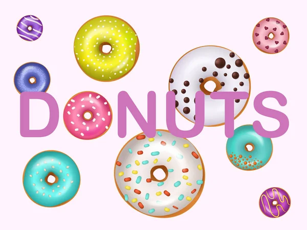 Donuts doughnuts vector illustration. Fried confection glazed dessert bakery product sweet food. Various color and size donuts and lettering isolated. — Stock Vector