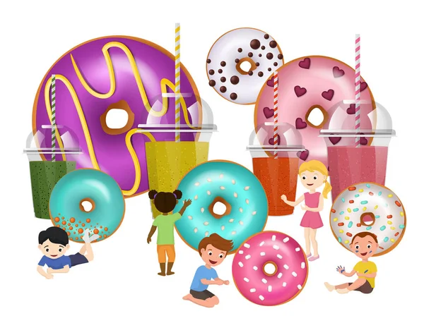 Donuts beignets et enfants illustration vectorielle isolé. Groupe de mini-garçons et filles heureux parmi les grands desserts de bonbons glacés beignets et boissons . — Image vectorielle