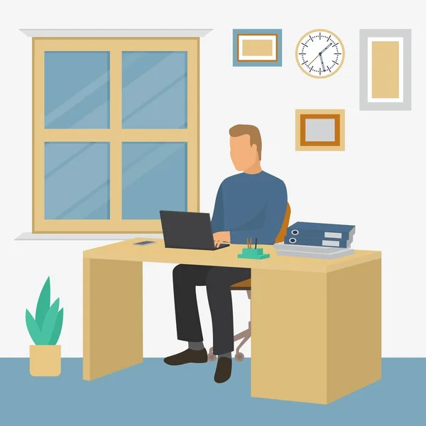 Arbetande affärsman med bärbar dator sitter vid skrivbordet på kontoret av jobb vektor illustration. — Stock vektor