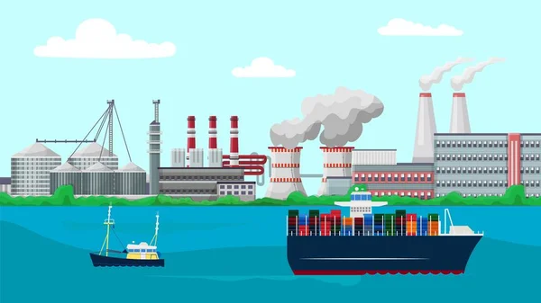 Navios navio recipiente navegar passado fábrica planta edifícios vetor ilustração. Fumar tubos de chaminé industrial poluir ambiente com emissões de fumos tóxicos . — Vetor de Stock