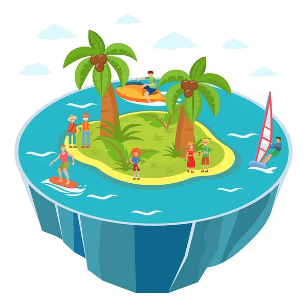 Turistas actividades acuáticas entretenimientos en isla playa vector ilustración isométrica. Windsurf, surf, moto acuática. Diferentes personas viajeros parejas, hombres, mujeres . — Vector de stock