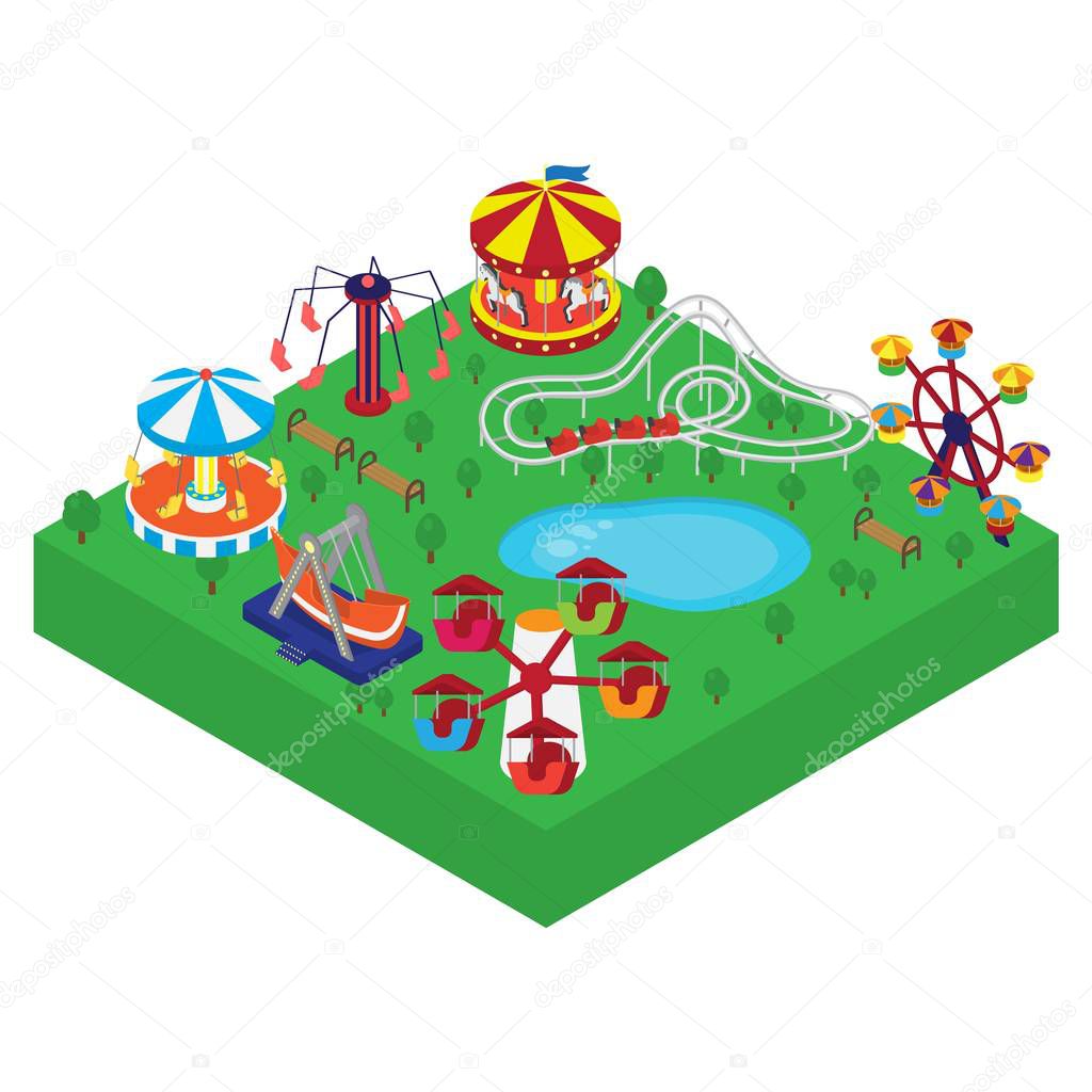 Amusement park vector isometric illustration. Different outdoors amusement attractions carousels, swings, ferris wheel, roller coasters. Children family entertainment.