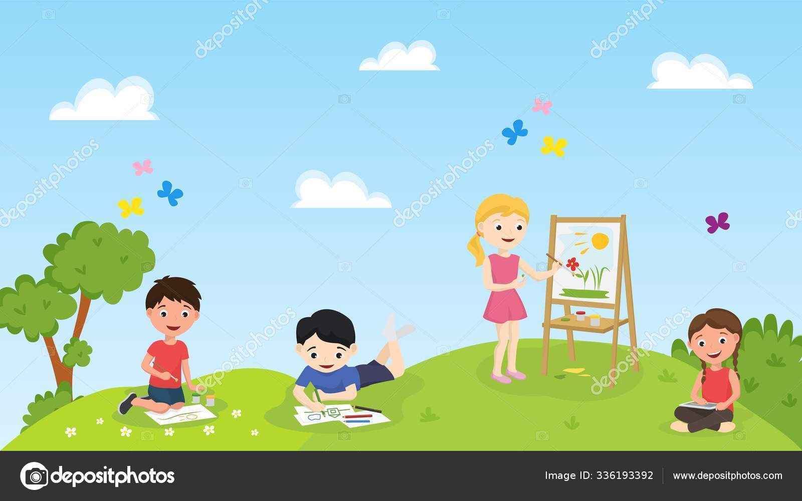 Crianças No Jardim De Infância Desenham E Pintam Em Ilustração De