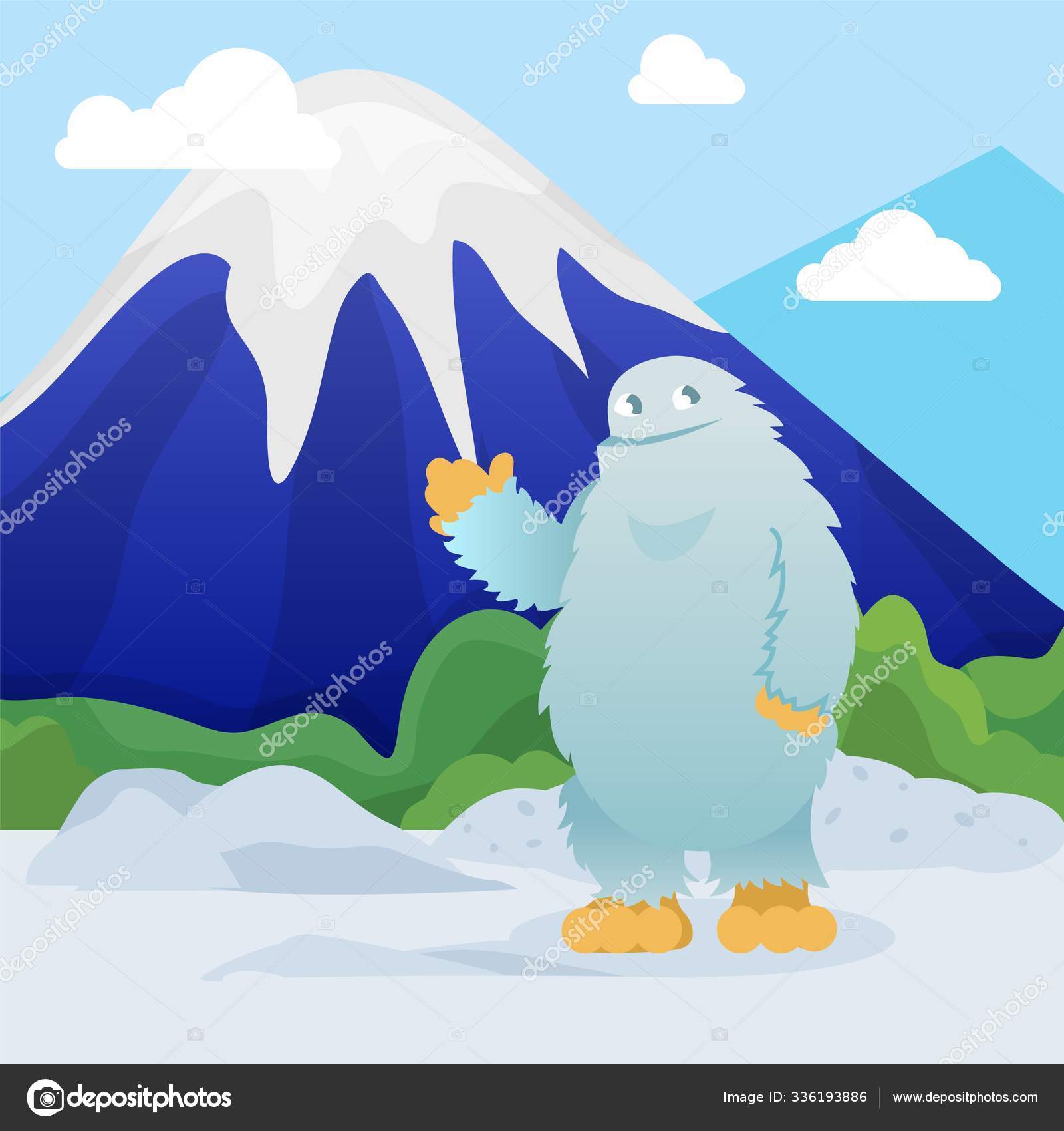 Image vectorielle Abominable bonhomme de neige se dresse sur fond de montagne  enneigée illustration vectorielle. Amical mignon caractère yeti accueil  geste de bienvenue. Bigfoot dans les hautes terres d'hiver . par  ©luplupme.gmail.com -, image size:1600x1700