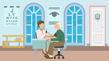 Klinik, hastane ve ofis vektör illüstrasyonunda doktor olan hastaya danışma.