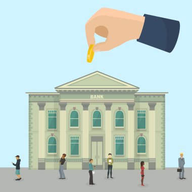 Banka finans sektörü yatırım ofisi binası ve farklı kişiler müşterileri bankacılık vektör illüstrasyonu.