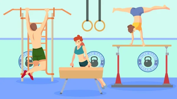 Menschen Athlet im Fitnessstudio Workout mit Sportgeräten Vektor Illustration. — Stockvektor