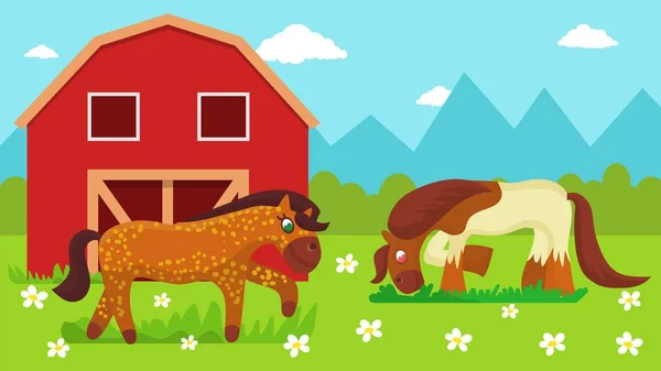 Zwei niedliche Zeichentrickpferde, die im Freien spazieren und Gras auf der Weide in der Nähe des Stalls essen. Pferdezucht. — Stockvektor
