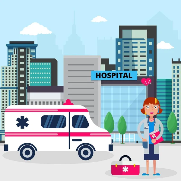 Векторная иллюстрация скорой помощи. Здание больничного медицинского центра, машина, женщина-медсестра, стоящая снаружи. Лечение и здравоохранение . — стоковый вектор