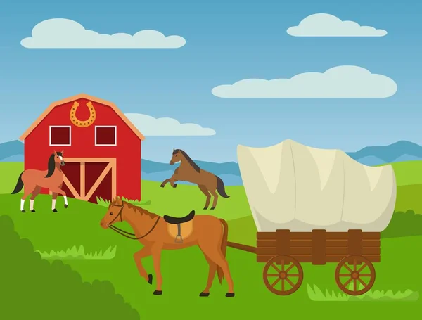 Horses at country animal ranch farm, horse harnessed to cart wagon vector illustration. — Stock Vector