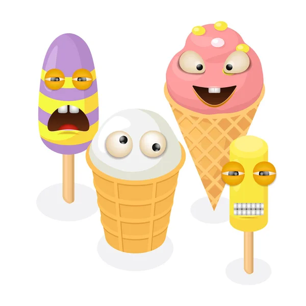 Lindo divertido helado personajes vector ilustración. Gofre de helado colorido, paleta en el filete. Congelado dulce postre vainilla frutas bayas sabor . — Vector de stock