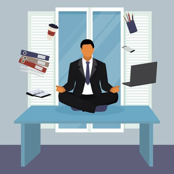 Meditáló üzletember jóga pózban irodai szünet vektor illusztráció. — Stock Vector