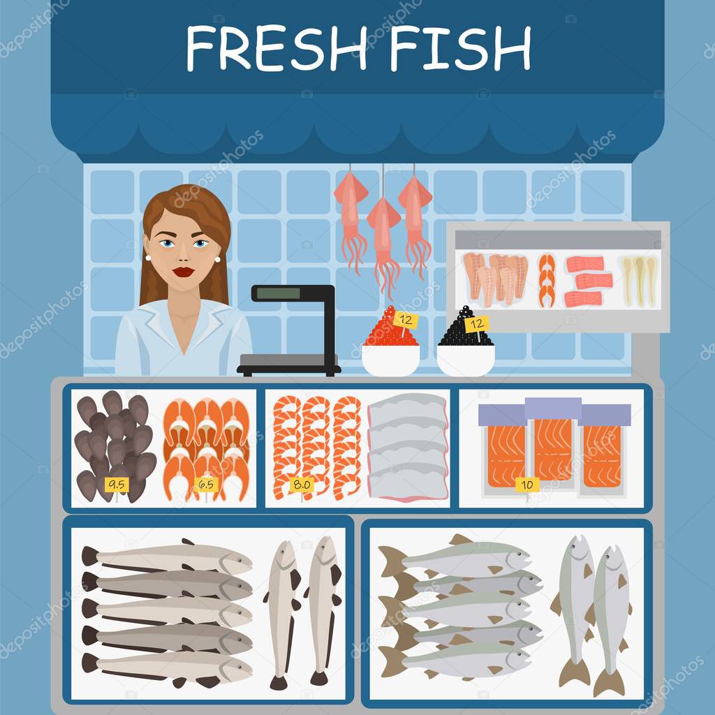 Fish market vector illustration. Fresh raw fish and seafood in assortment on kiosk counter. Salmon, squid, clams, caviar. Young pretty woman seller girl.