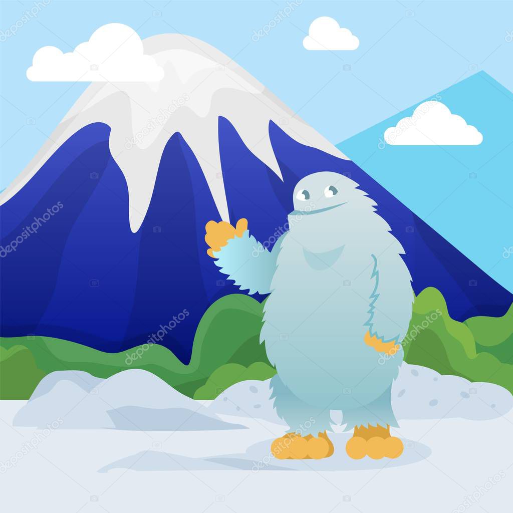 Abominable snowman stands on snowy mountain background vector illustration. Friendly cute yeti character welcome greeting gesture. Bigfoot in winter highlands.