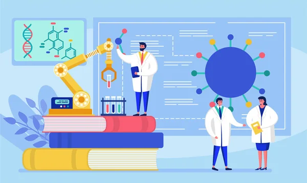 Laboratuvar koronavirüsü aşısı antiviral biyoloji araştırması antivirüs doktorları vektör çizimi. Laboratuvardaki bilim adamları, laboratuvar ekipmanlarıyla kimyasal araştırmacılar.