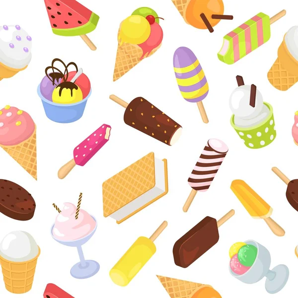 Ice cream dessert food sweets seamless pattern vector illustration. Various ice cream vanilla, chocolate, fruits and berries flavour, in cone, waffle isometric set. — Stock Vector