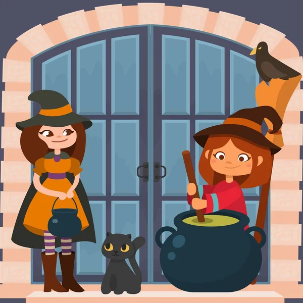 Halloween holiday celebration vector illustration. Two young woman little girl witches with black cauldron and broom make brew potion at gate door. Halloween night. — 스톡 벡터