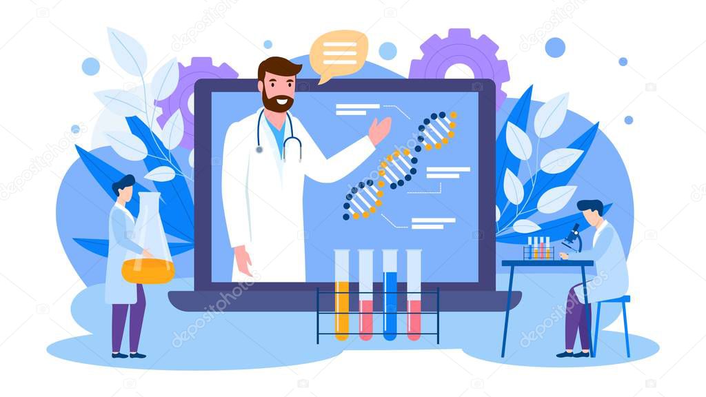 Online education of scientists vector illustration banner isolated, teacher and students. Virus vaccine