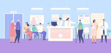 Resepsiyon ve klinikteki hastalar veya hastane vektör illüstrasyonu.
