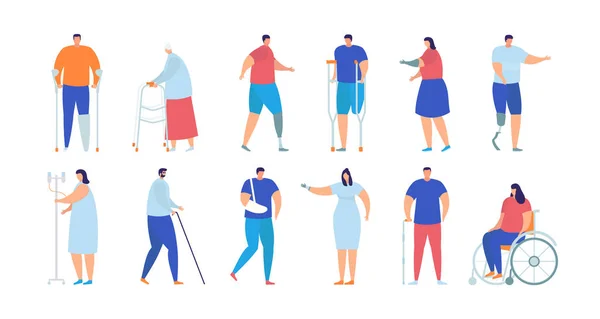Disabled, injured and sick people vector illustration isolated collection set. — Stock Vector