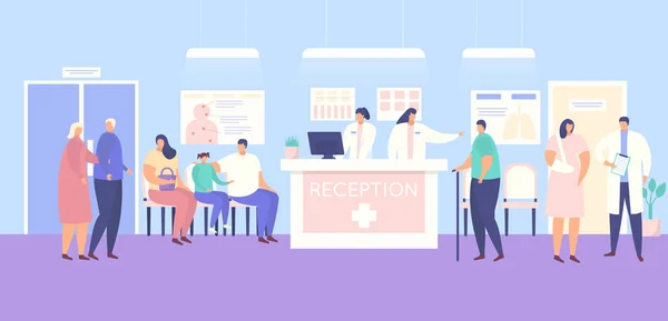 Reception och personer patienter på klinik eller sjukhus vektor illustration. — Stock vektor