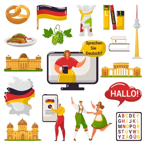 Duits leren en onderwijs of toerisme, reizen naar Duitsland vector illustratie set. — Stockvector