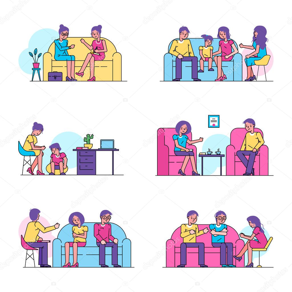 Psychotherapy, psychologist consults people patients vector illustration isolated set.