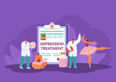 Depression treatment vector illustration concept, doctor with pill for woman patient.