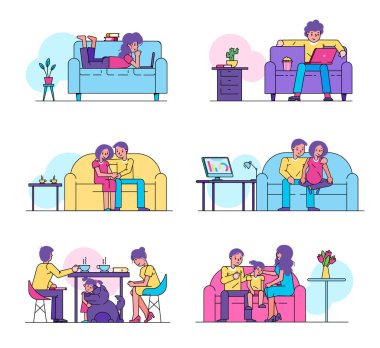 Couple set vector illustration, happy family man, woman at home collection.