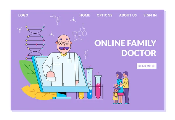 Online family doctor vector illustration, medical service for adults, children web banner. — 스톡 벡터