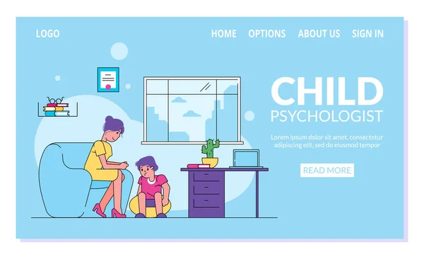 Dziecko psycholog wektor ilustracja, chłopiec i psychoterapeuta strona internetowa. — Wektor stockowy