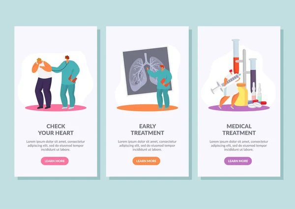 Tratamento médico, verificação de saúde precoce vetor ilustração horizontal banners set . —  Vetores de Stock