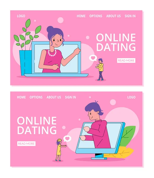 Conectados namoro vetor ilustração, menina e homem casal página internet site pouso . — Vetor de Stock