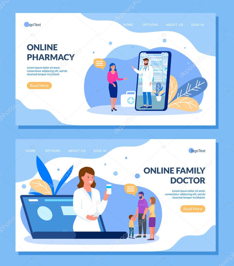 Online doctor and pharmacist for family vector illustration internet website set.