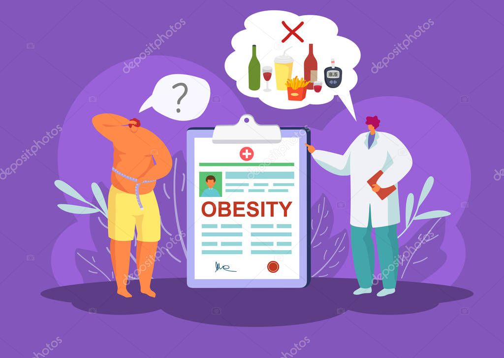 Obesity and diabetes, doctor prohibits unhealthy food to patient vector illustration.