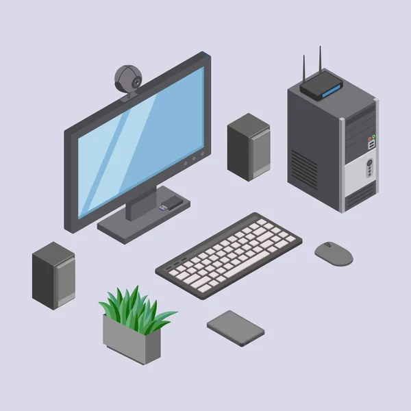 Ηλεκτρονικός και ψηφιακός εξοπλισμός, συσκευές σε desktop εργασιακή διανυσματική απεικόνιση. — Διανυσματικό Αρχείο