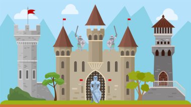 Knights and old medieval castle vector illustration. Ancient architecture fortress with towers. Knights warriors in armor, with weapons swords and shields.