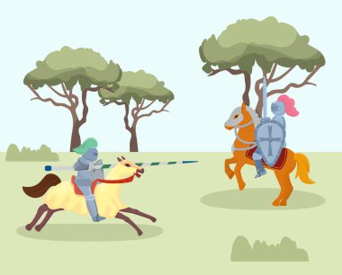 Fight of medieval knights vector illustration. Two men in knightly armor on horses, with spear, shield and sword. Military battle or jousting tournament. vector