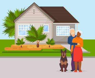 Happy family aged elderly senior wife, husband standing in front of private house vector illustration flat. Man and woman hugging couple with dog outside home.