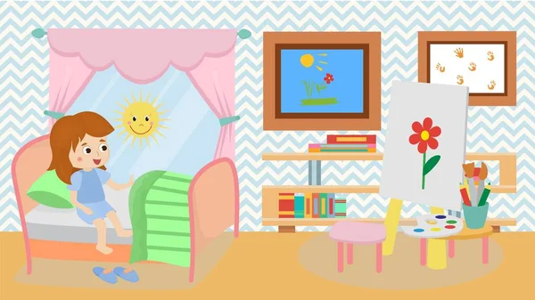 Girl at home in childrens room vector illustration. Kid waking up in cozy sunny room. Table and chair, books, pictures, paints, brushes and pencils in bedroom interior. — Stock Vector