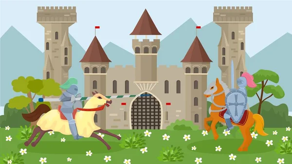 Battle of medieval knights on horseback vector illustration. Knights in armor, with shields and weapons spear and sword. Ancient old knights castle on background. — Stock vektor
