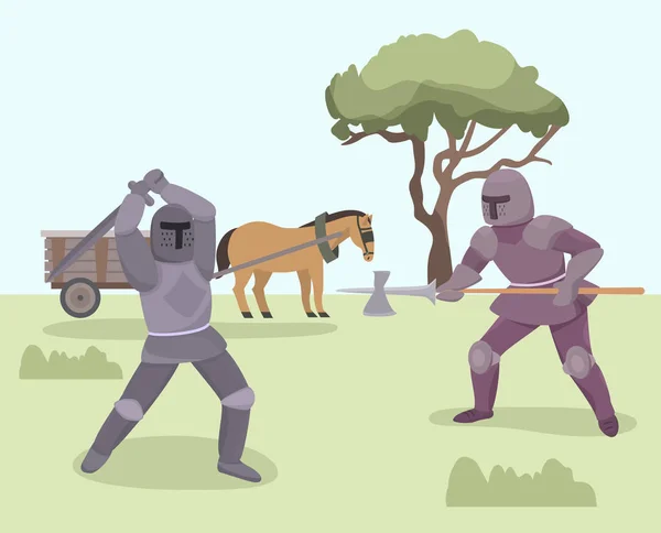 Battle of knights medieval warriors with armor, helmets, sword, halberd vector illustration. — 스톡 벡터