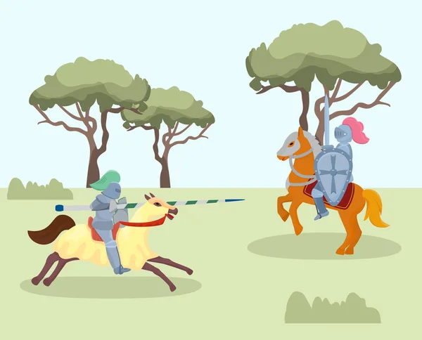 Fight of medieval knights vector illustration. Two men in knightly armor on horses, with spear, shield and sword. Military battle or jousting tournament. — 스톡 벡터