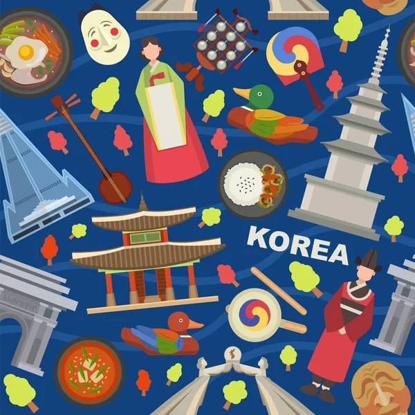 Korea landmarks and symbols vector illustration seamless pattern. Tourists trip invitation advertising to Korea. People in traditional clothes, architecture, food, mask.