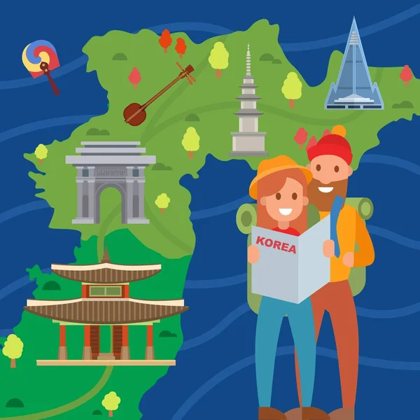 Couple of travelers on background Korea map vector illustration. Young man and woman tourists in Korea. Visiting Korea landmarks symbols architecture advertising tourism. — Stok Vektör