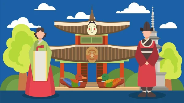 Turismo, invitación de viaje para visitar Corea vector ilustración. Gente hombre, mujer con trajes tradicionales coreanos. Lugares de interés, atracciones símbolos, arquitectura coreana . — Vector de stock