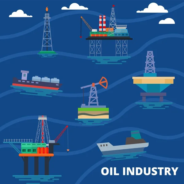 Industria petrolera producción minera concepto vector ilustración. Marino mar petróleo obtener instalaciones de fabricación plataforma de extracción de petróleo plataforma . — Vector de stock