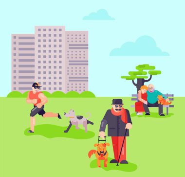 Different people with dogs puppy outdoor in urban park vector illustration. Blind disabled man with cane and guide pet helper dog. City place for dog walking.