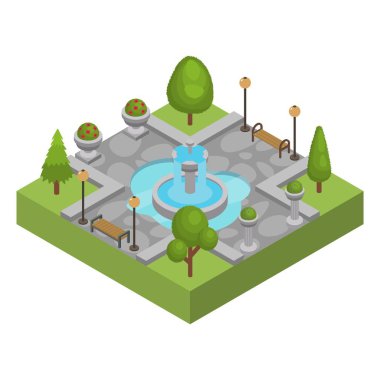 Square with fountain in city park vector isolated isometric illustration. Outdoor resting place area with water fountain in center. Trees, flower beds, benches, lanterns.